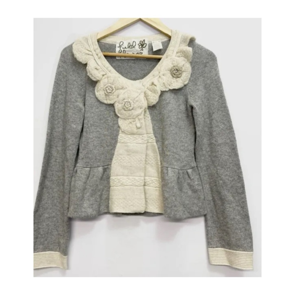 Flower & Field Sweater Wool Creme Appliqué Anthropologie Small Beige Floral